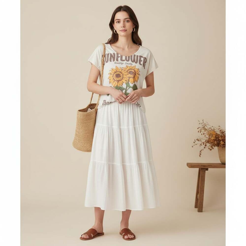 Jaded Gypsy Sunflower Seeds Graphic Tee Women S/M Cream Cottagecore High Low